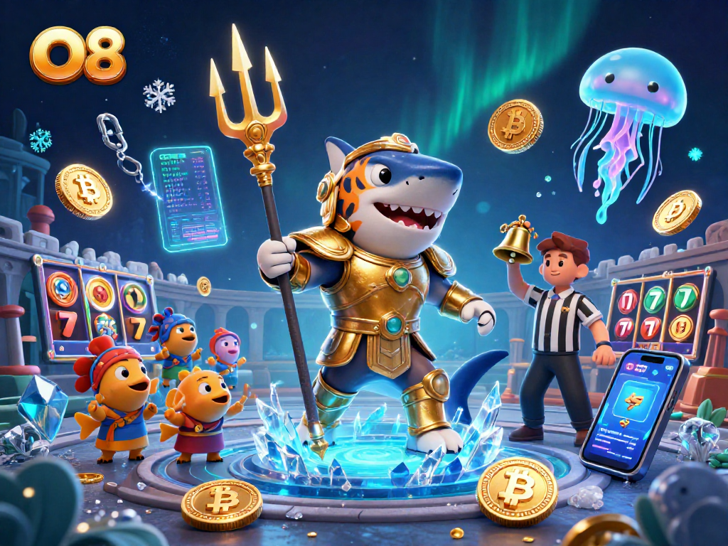 Experience the excitement at O8 with a dynamic underwater casino scene featuring a gladiator shark.