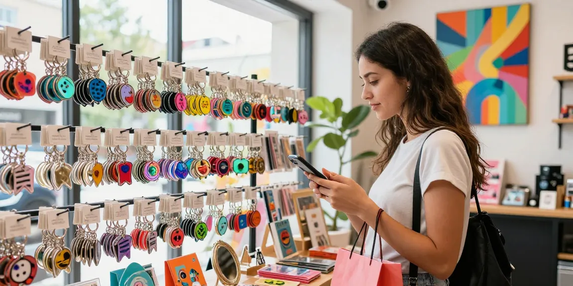 Custom keychains display in trendy shop, showcasing vibrant merchandise and shopping joy.