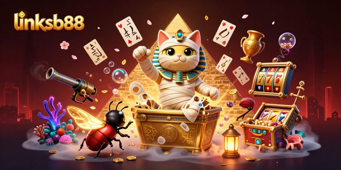Win big at link sb88 with this vibrant illustration of a mummy cat and scarab in a pyramid casino.