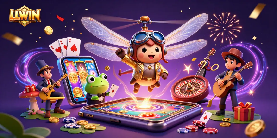 LLWIN casino adventure features a dragonfly pilot and frog croupier amidst lively gambling action.