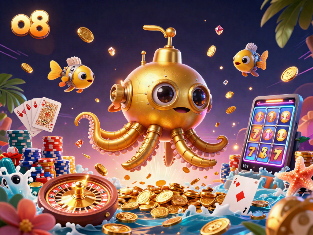 Spin to win with the o8 kraken submarine amidst gold coins and mechanical fish