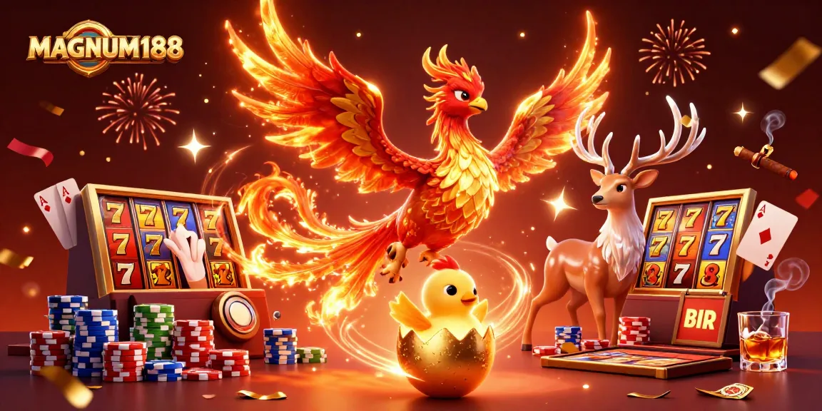 Experience thrilling luck with MAGNUM188's vibrant casino scene of a phoenix and poker elements.