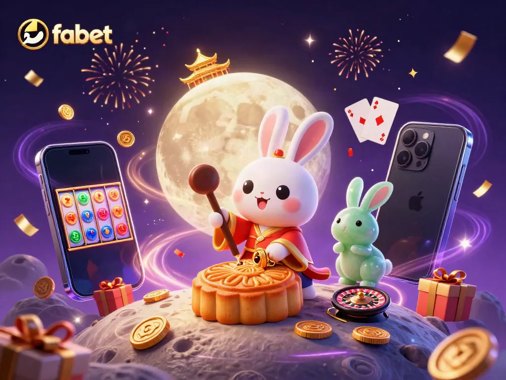 Experience fabet's captivating gaming scene as moon rabbits unveil riches amidst colorful casino elements.