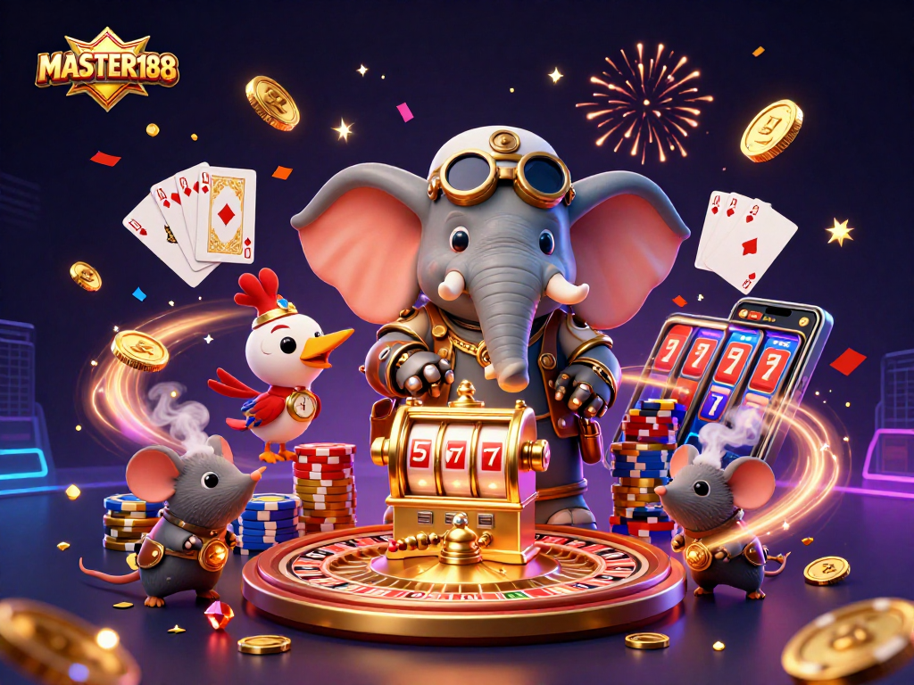 Engage with MASTER188 and explore vibrant 3D casino illustrations showcasing dynamic gaming actions and lively elements.