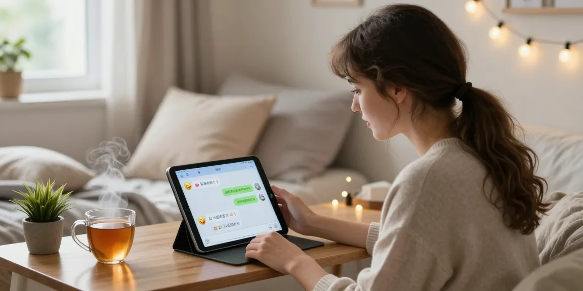 Young woman interacting with her AI girlfriend on a tablet in a cozy bedroom