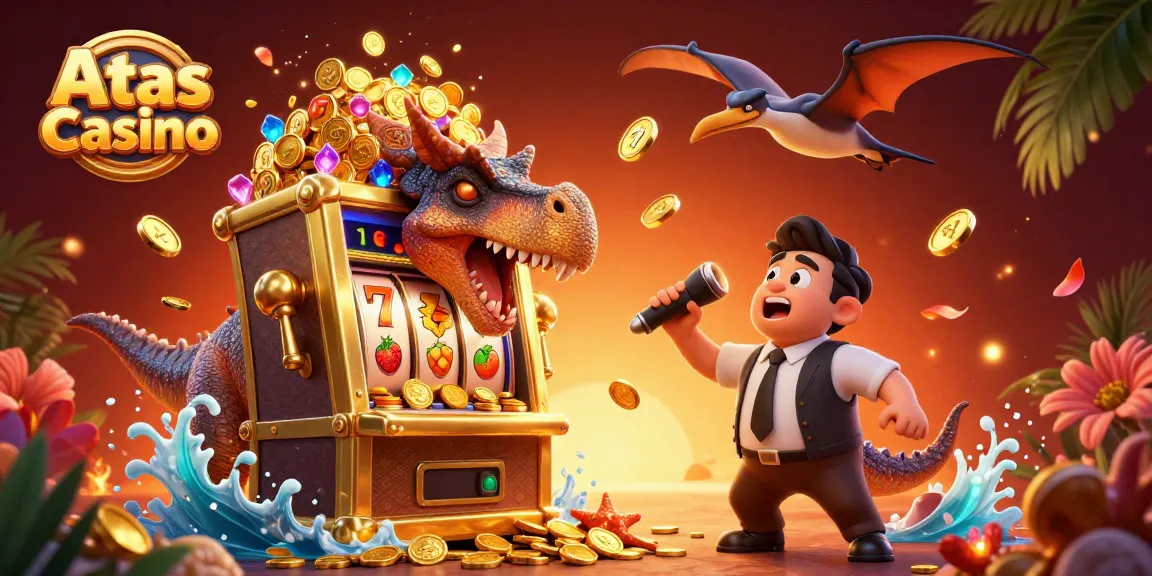 Atas Casino excitement with a pachycephalosaurus winning coins from a golden slot machine in a vibrant scene.