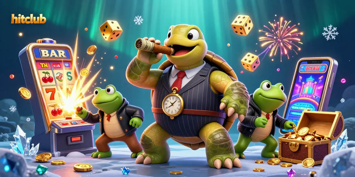hitclub's magical casino scene with cartoon turtle and frog characters amid dazzling slot excitement
