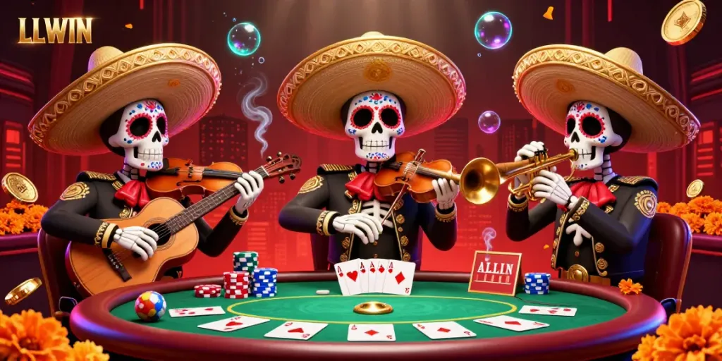 Experience an energetic poker scene with LLWIN, showcasing animated skeleton mariachi players amidst colorful casino elements.