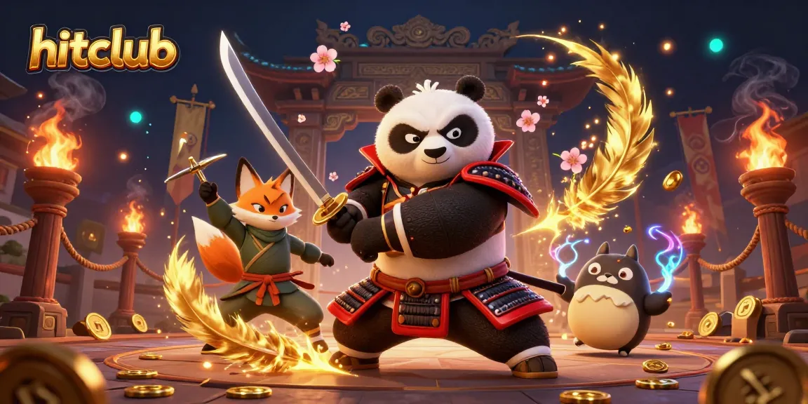 Win thrilling jackpots at Hitclub, featuring a vibrant casino scene with samurai panda, ninja fox, and magic tanuki.