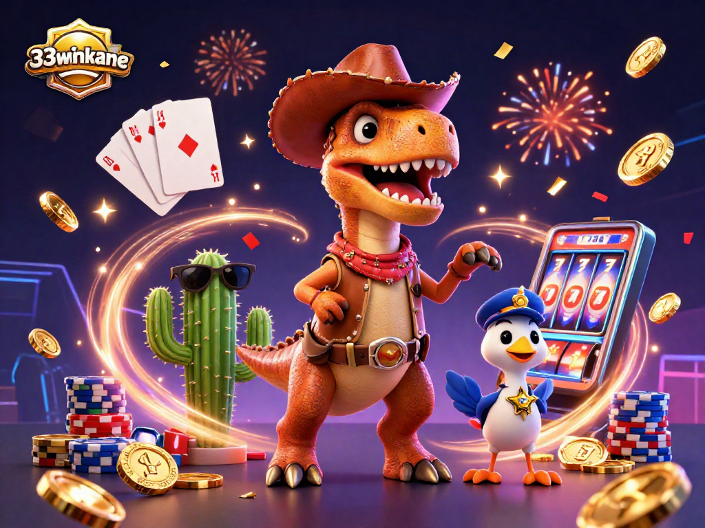 Join 33winkane in an exciting casino scene filled with gold coins, cards, and vibrant characters.