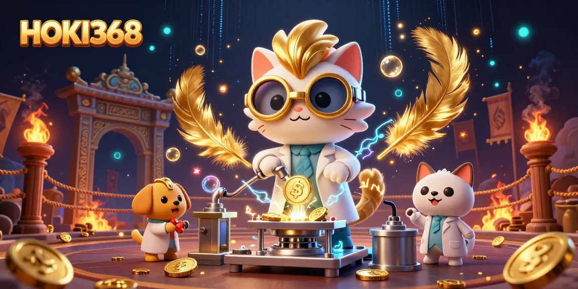 Engage in exciting gameplay at HOKI368 with a vibrant casino scene filled with golden coins and energy.