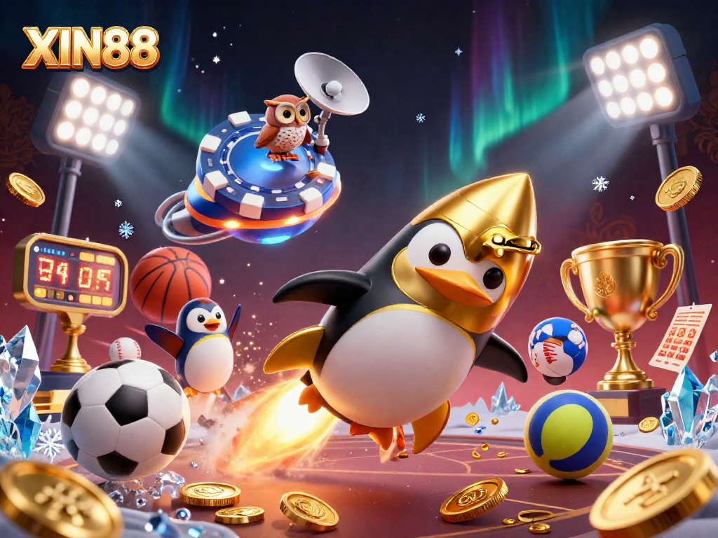 XIN88 themed illustration featuring a golden penguin soaring toward a casino space station amidst sports balls and betting slips.