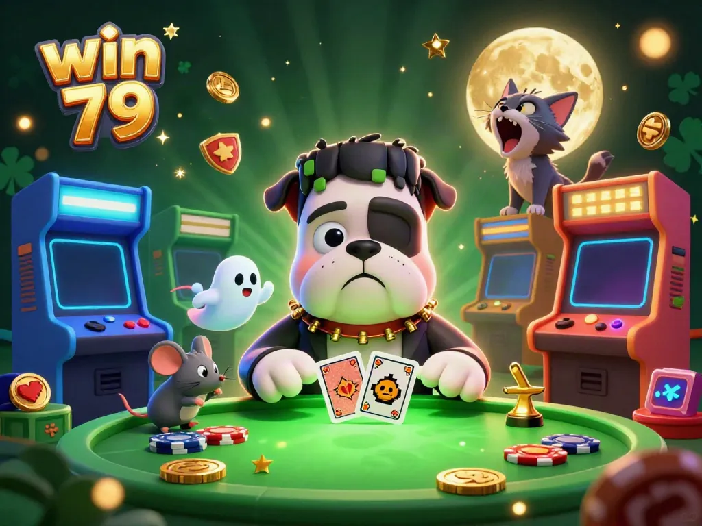 Engaging scene of win 79's cartoon characters in a spooky casino environment dealing cards, enhancing gaming excitement.