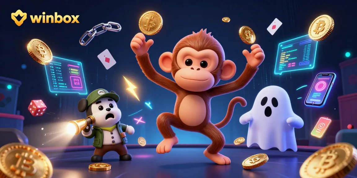 Winbox showcases a lively 3D scene with a playful poltergeist monkey and a curious puppy amidst golden coins and blockchain elements.