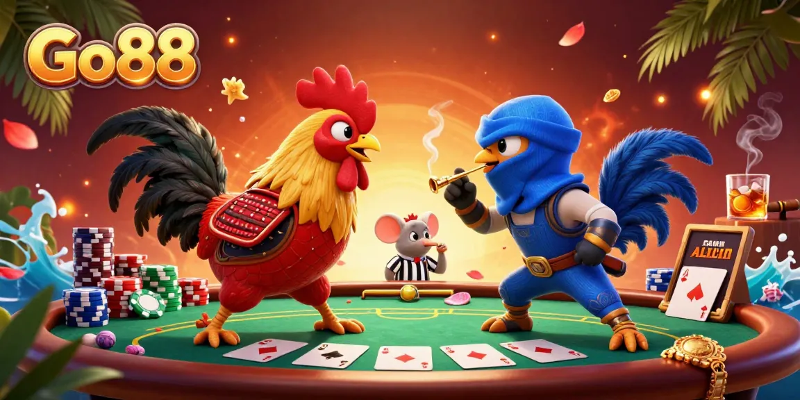 Experience high-stakes casino action with Go88 featuring intense poker battles and colorful gambling elements.