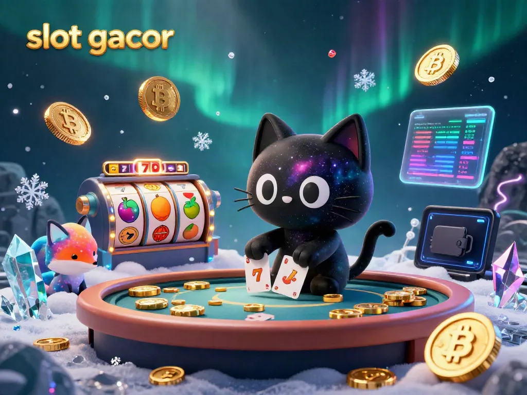 Engage with vibrant slot gacor gaming as a black hole cat pulls in coins and cards, highlighting cosmic luck.