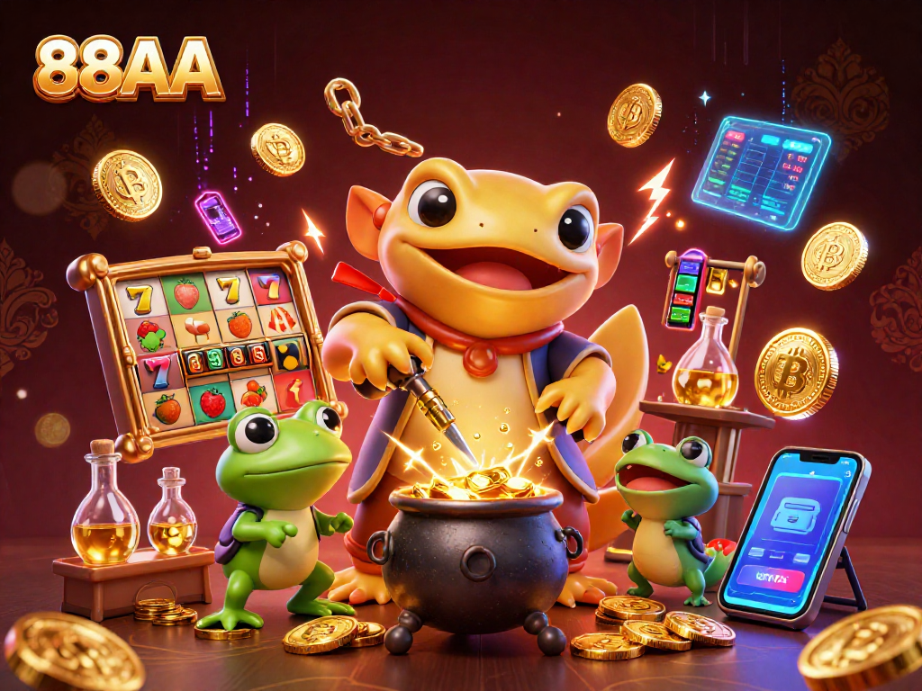 Experience the excitement of 88AA with dynamic slot reels and vibrant crypto coins.