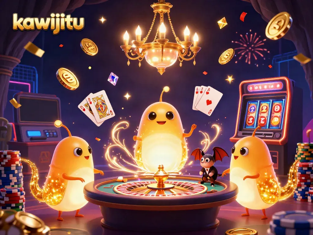 Engage with the vibrant kawijitu casino scene illuminated by glowworms, highlighting winning slots and roulette.