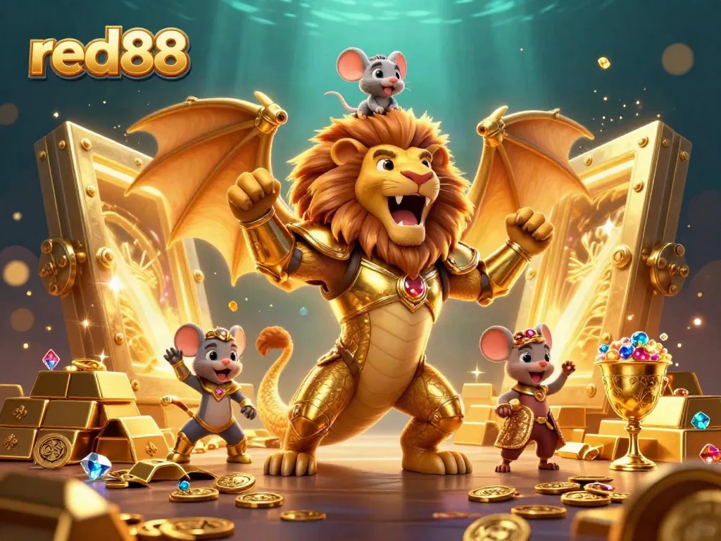 Experience fortune with red88 at a vibrant, action-packed casino scene featuring a majestic chimera and treasure.