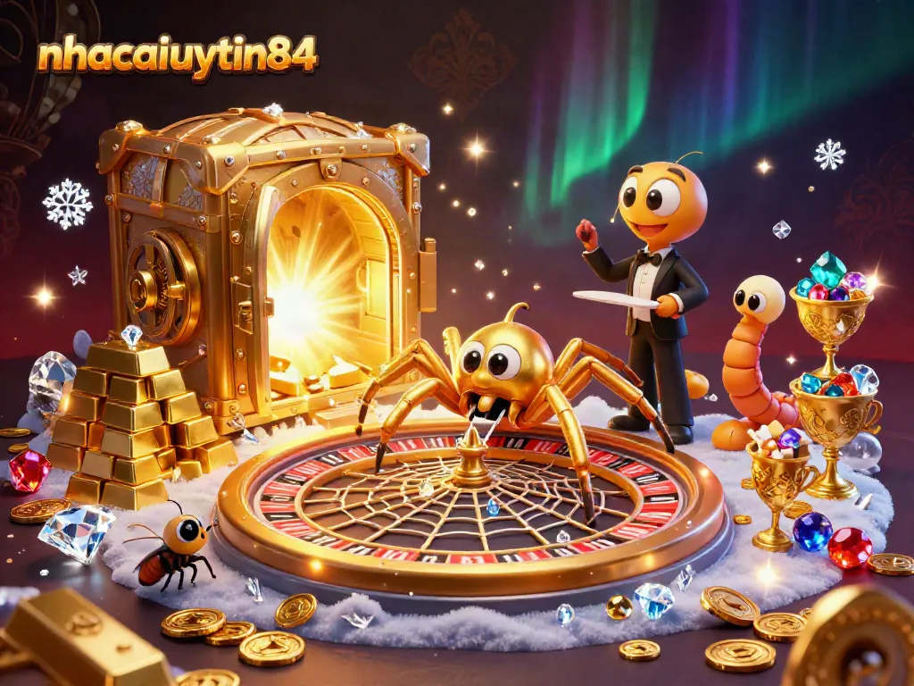 Engaging gambling scene with nhacaiuytin84 featuring a spider roulette wheel, a fly betting, and a centipede croupier.