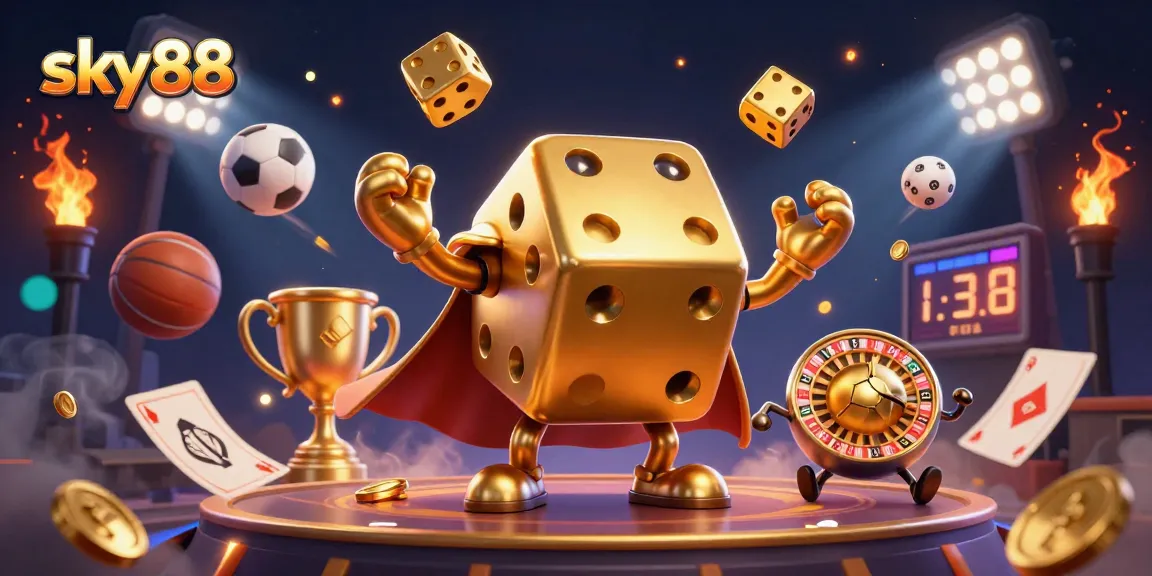 Sky88 showcases a vibrant sports betting scene with golden dice and dynamic sports elements.