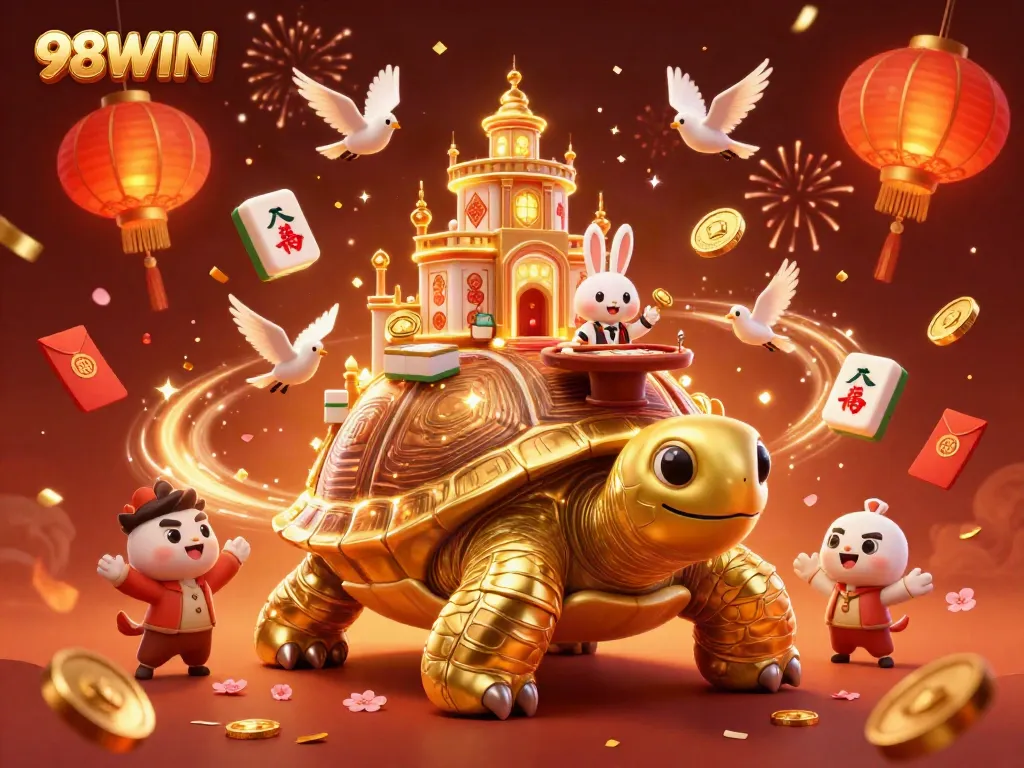 Experience the vibrant 98WIN casino with a golden tortoise and celebratory elements.