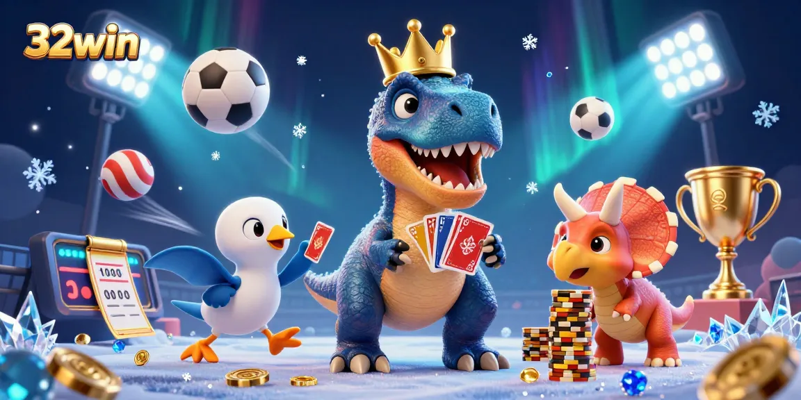 32win showcases a vibrant 3D scene with a friendly T-Rex and pterodactyl, engaging in sports betting