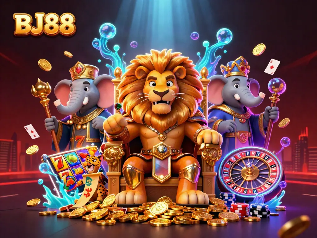 BJ88 Casino's vibrant atmosphere illustrated with a royal lion, elephant advisor, and speedy cheetah surrounded by dynamic gaming elements.