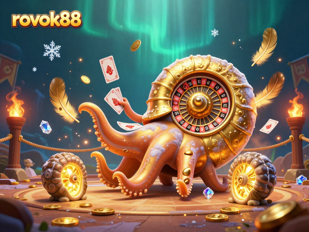 rokok88 showcases a dynamic casino scene with a giant nautilus and vibrant elements of gambling.