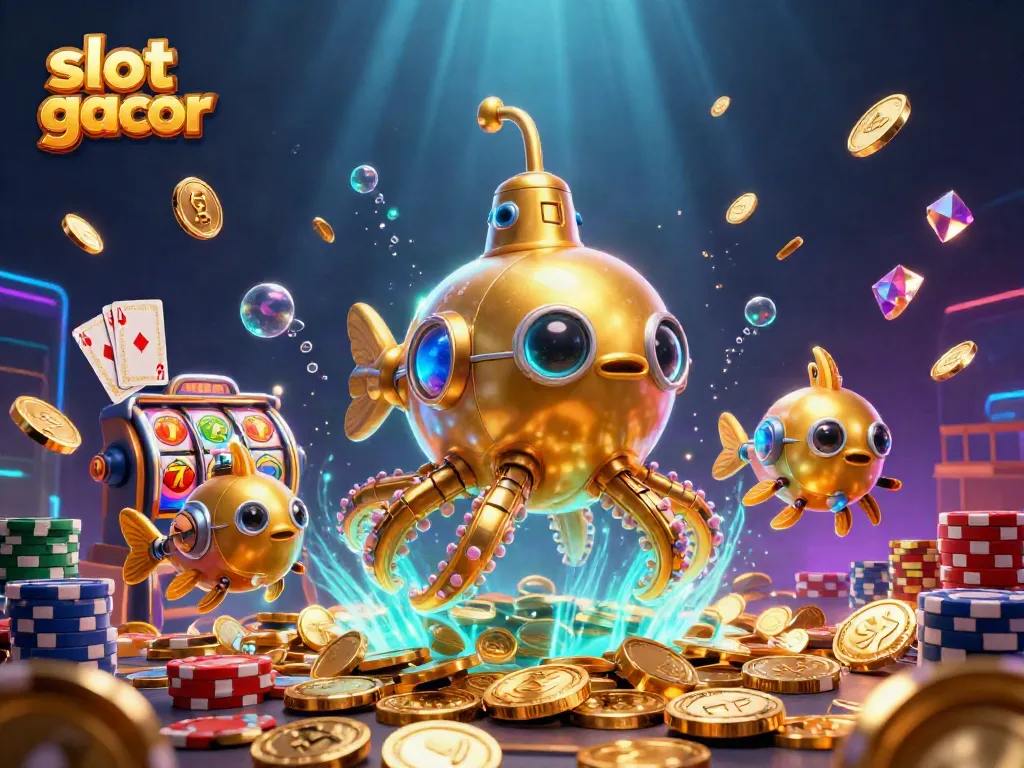 Engage with slot gacor gaming through a dynamic underwater casino illustration featuring a golden kraken.