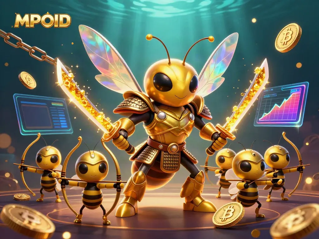 MPOID showcases a vibrant scene with a golden hornet samurai and bee archers amidst glowing crypto elements.