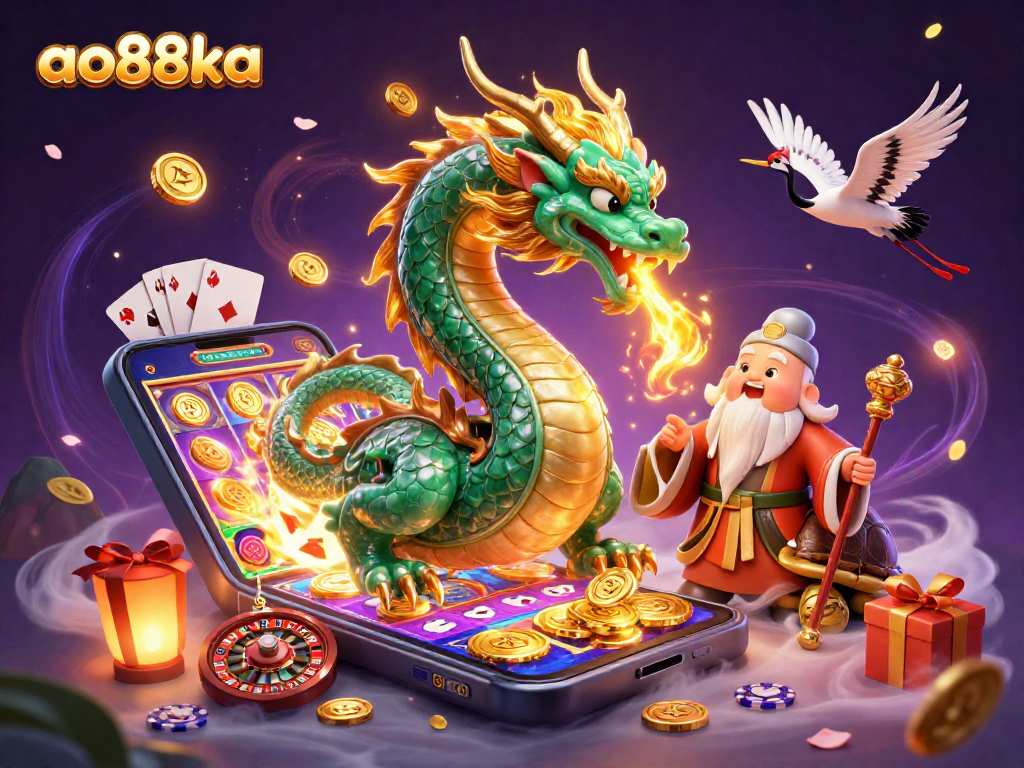 Play with ao88ka in this vibrant 3D scene of casino excitement featuring a jade dragon.