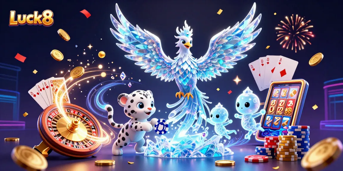 Luck8 features vibrant characters and casino elements celebrating winning moments in a dynamic scene.