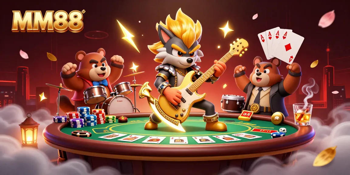 Engage with MM88 in an electrifying casino scene featuring rock star wolf and drummer bear.