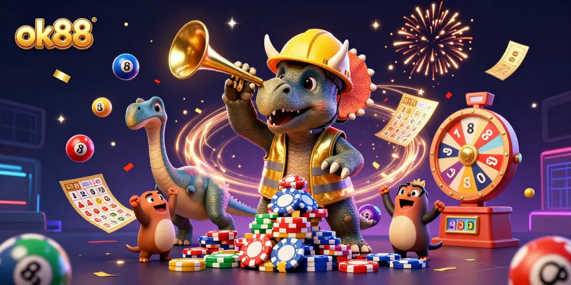 Celebrate with ok88 as a triceratops builds poker chips amidst exciting gaming elements.