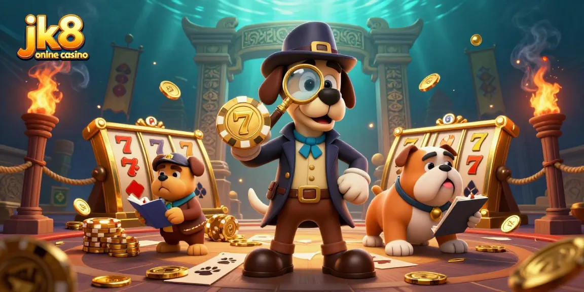 Engage in thrilling gameplay at jk8 online casino with a cartoon detective uncovering treasure clues.