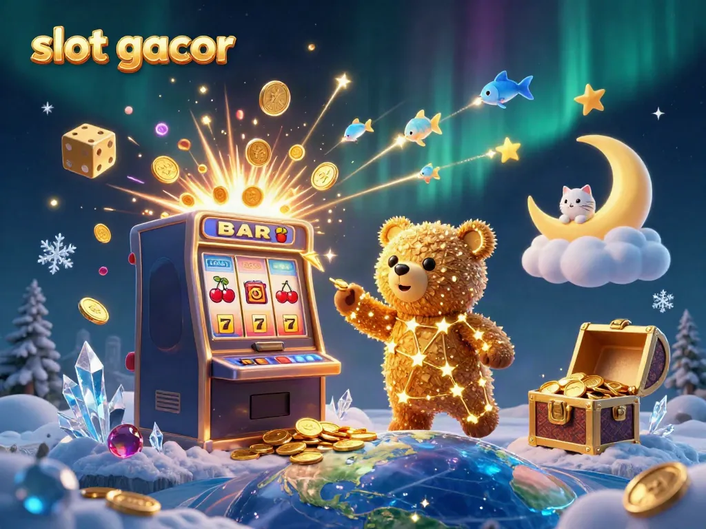 Experience the thrill of slot gacor with a vibrant 3D casino illustration featuring starry characters and jackpot excitement.
