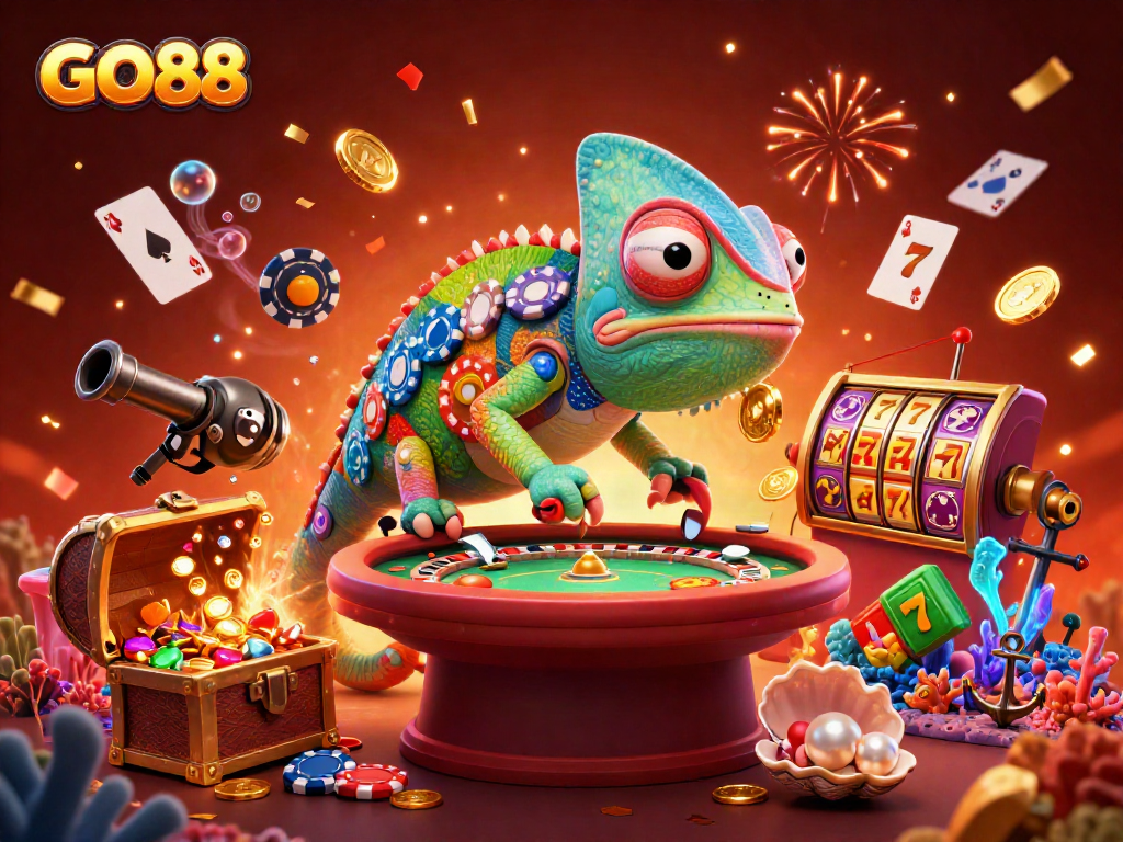 Engage in captivating casino action with GO88's lively chameleon character surrounded by slot reels and confetti.
