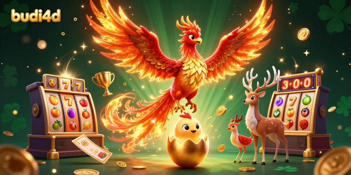 Experience exciting gameplay with budi4d's vibrant casino-themed illustration featuring a majestic phoenix and dazzling slot machines.