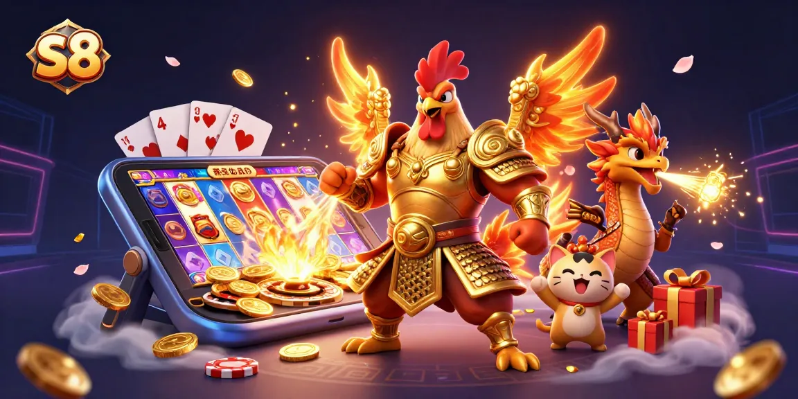 S8 offers immersive gaming thrills, showcasing a vibrant 3D illustration of dynamic casino action featuring slots, dragons, and fortune cats.