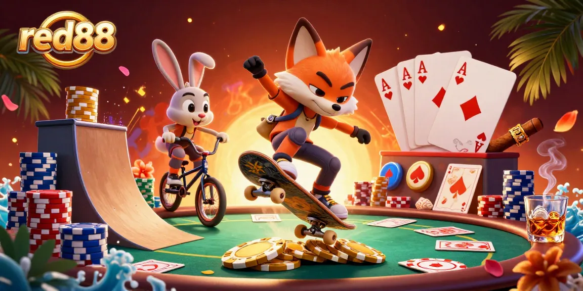Experience excitement at red88 with a vibrant scene of a skateboarder fox and BMX rabbit enjoying casino fun.