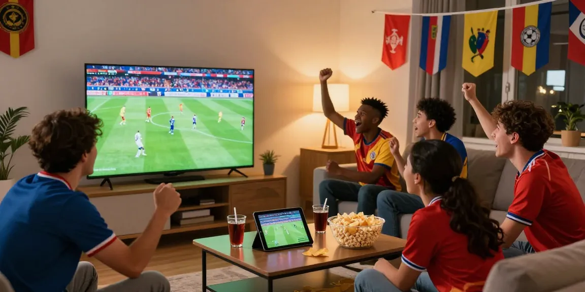 Exciting sports viewing scene with friends enjoying موقع IHD Sports live football match in a cozy living room.
