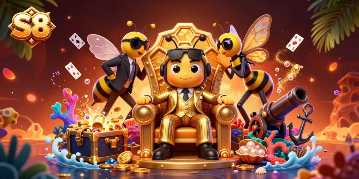 S8 showcases a 3D cartoon mob boss managing undersea treasure and gaming elements effectively.